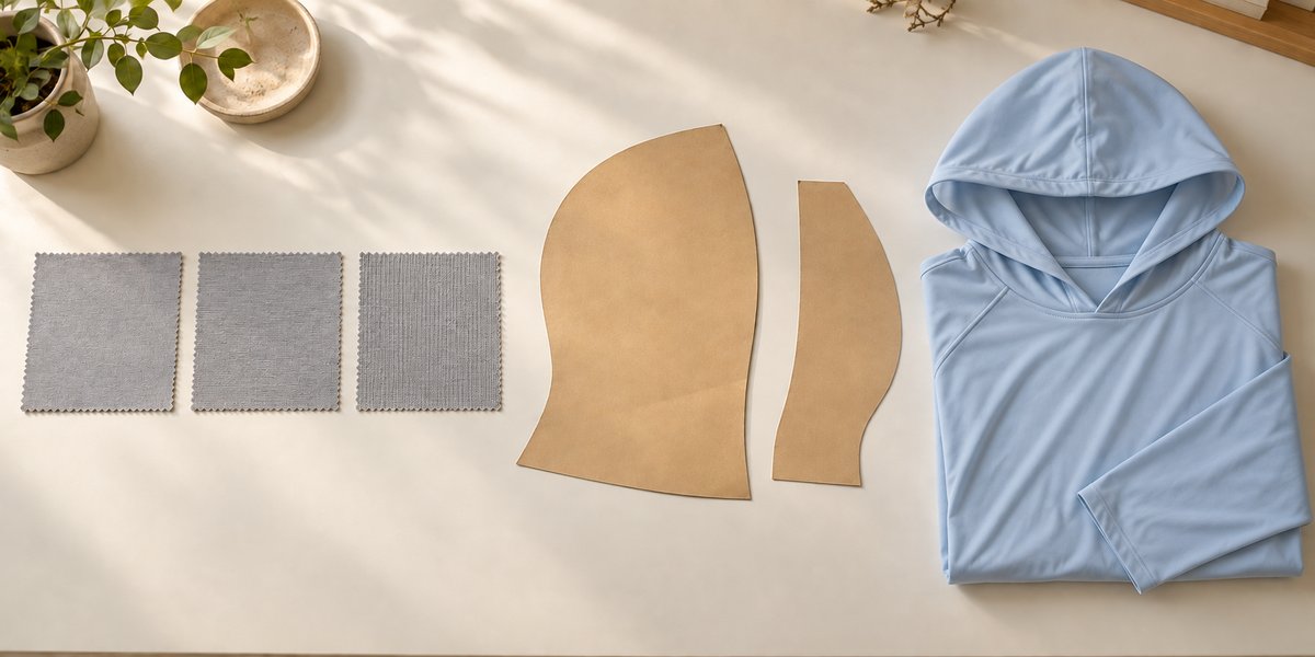 Conception d'une table de travail avec des échantillons de tissus légers, des formes en papier non marquées et un sweat-shirt léger plié pour la planification des échantillons