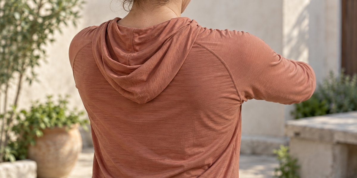 Gros plan conceptuel des coutures d'épaules et des plis du tissu dans le haut du dos d'un sweat à capuche léger, les manches étant tendues vers l'avant.