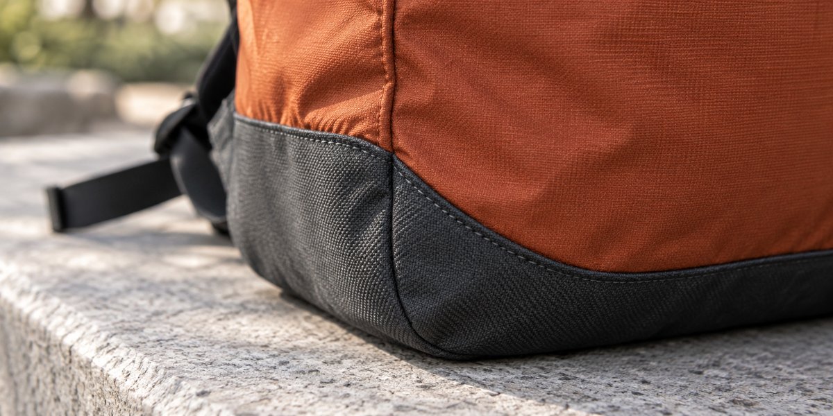 Concept detail of a backpack bottom panel joining a lighter woven shell along a curved sewn edge