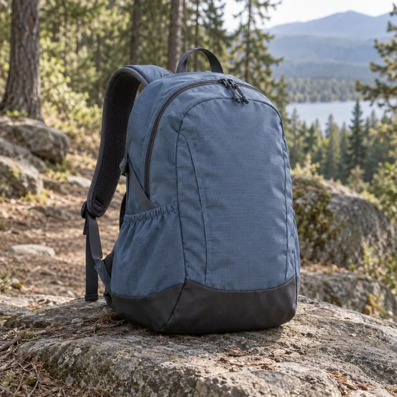 Concept hiking backpack with a dark reinforced bottom panel resting on a woodland rock