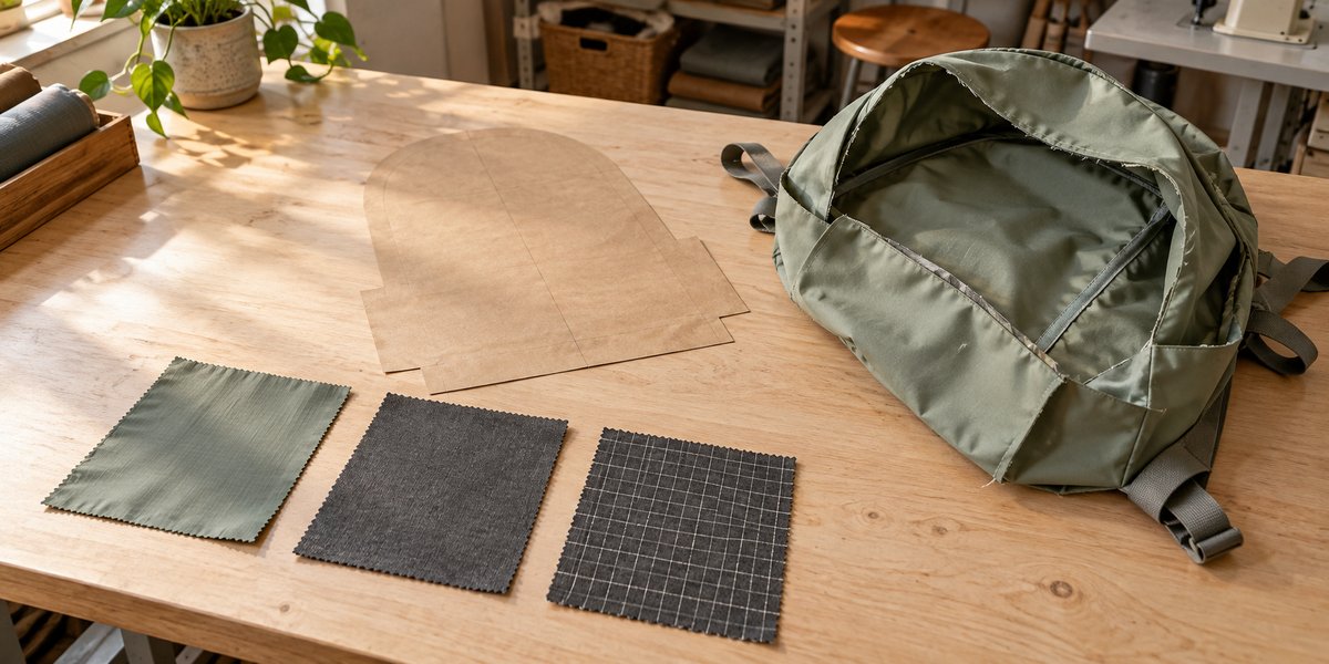 Concept sample table with three woven base-panel swatches and an unfinished backpack shell