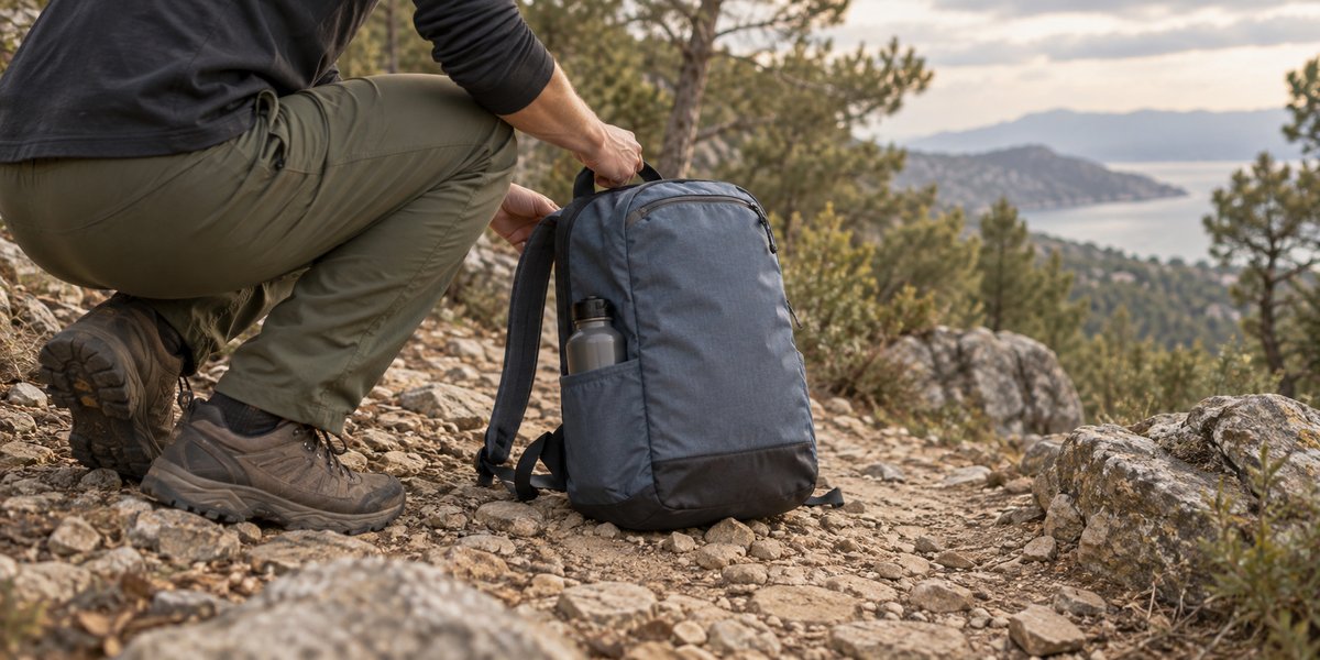 Illustrative hiking scene with a slate-blue backpack and contrasting reinforced bottom panel
