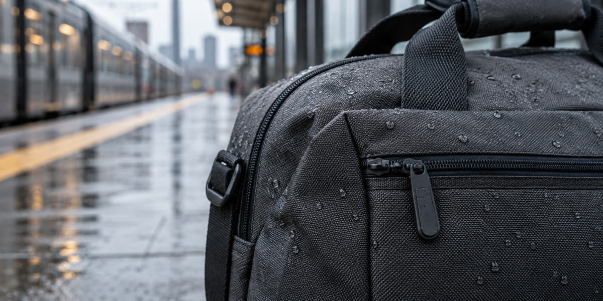 Water droplets beading on woven luggage fabric at a rainy train platform