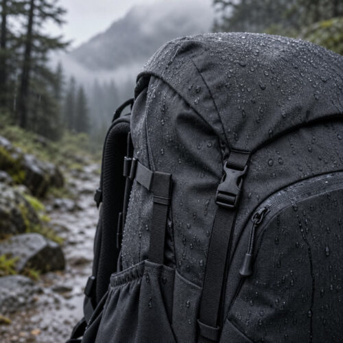 Wasserabweisendes Polyestergewebe an einem Outdoor-Rucksack bei leichtem Regen