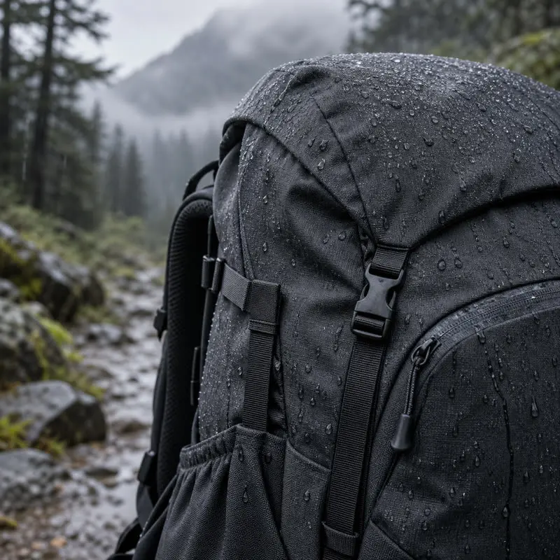 Water-repellent polyester fabric on an outdoor backpack in light rain
