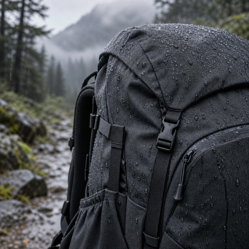 Wasserabweisendes Polyestergewebe an einem Outdoor-Rucksack bei leichtem Regen