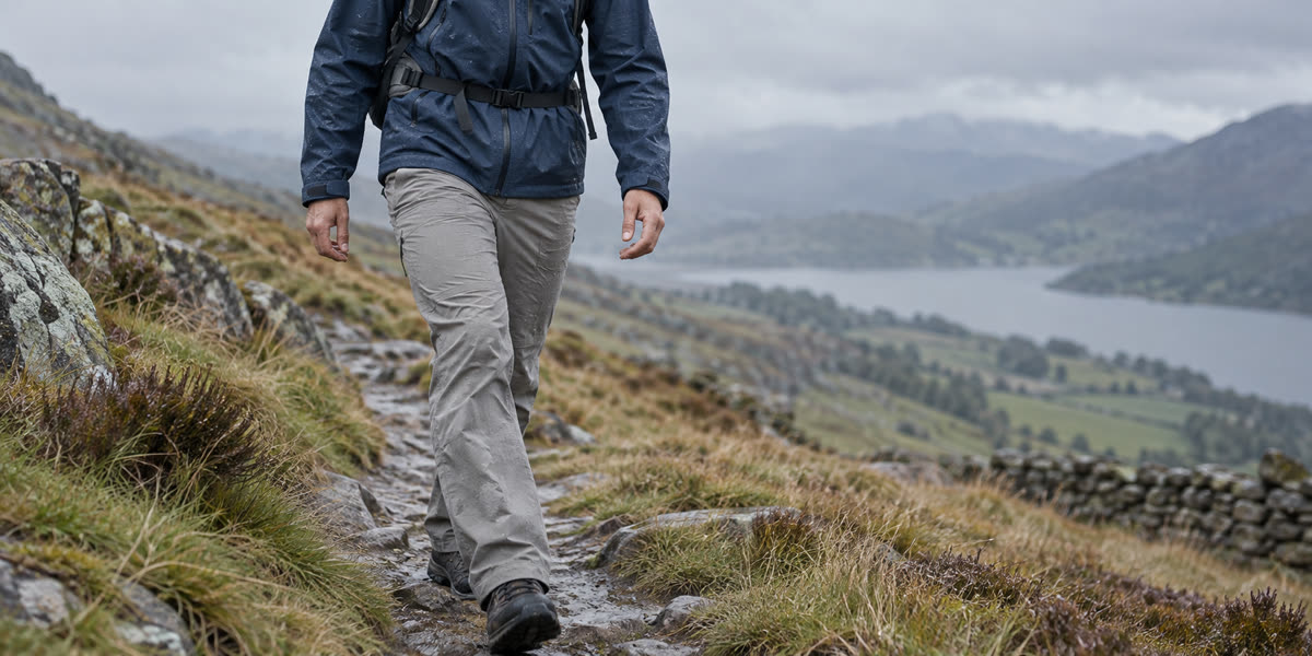 Lightweight outdoor apparel worn during light rain on a hillside trail