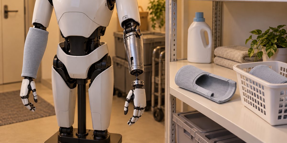 Illustrative maintenance scene with a removable fine-knit forearm cover beside a powered-down robot