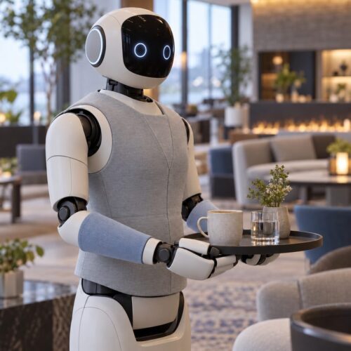 Illustrative humanoid robot with smooth fine-knit filament-textile panels