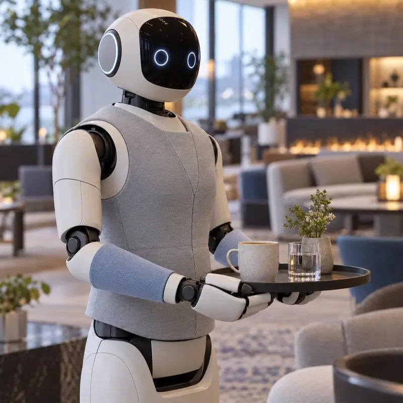 Illustrative humanoid robot with smooth fine-knit filament-textile panels