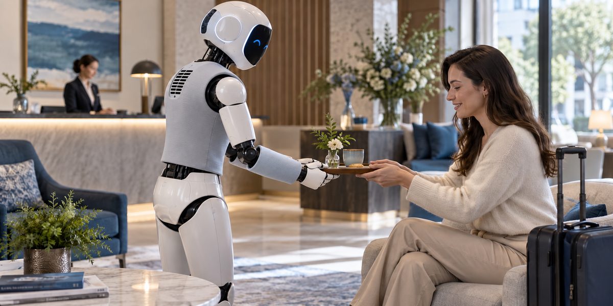 Illustrative humanoid robot clothing with fine technical-knit contact panels in a hotel