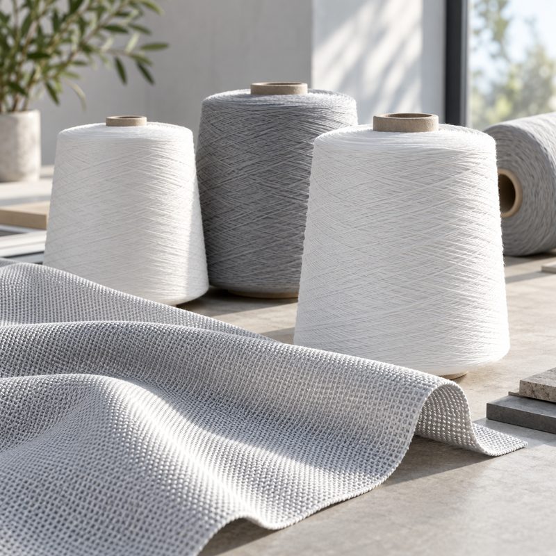 Concept scene of white and gray yarn cones with a woven textile swatch