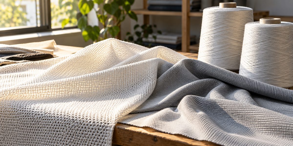 Illustrative yarn and functional textile swatches in daylight