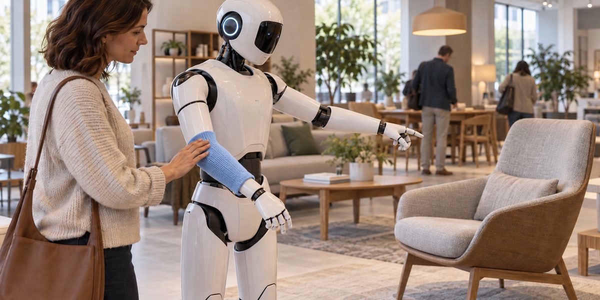 Illustrative visitor contact with a thin technical-knit robot forearm panel in a showroom