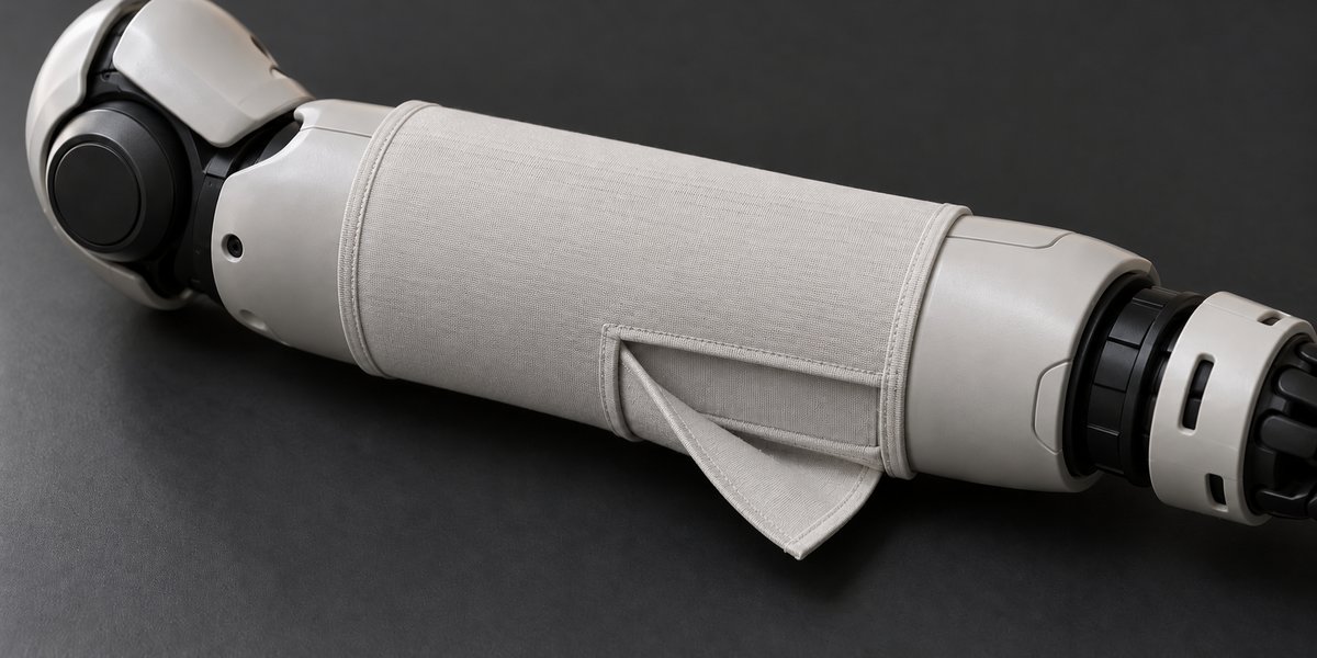 Concept of a thin smooth filament-textile robot forearm cover with a flat underside opening