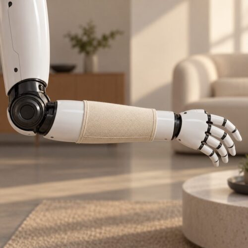 Gros plan conceptuel d'une housse tricotée amovible sur l'avant-bras d'un robot humanoïde