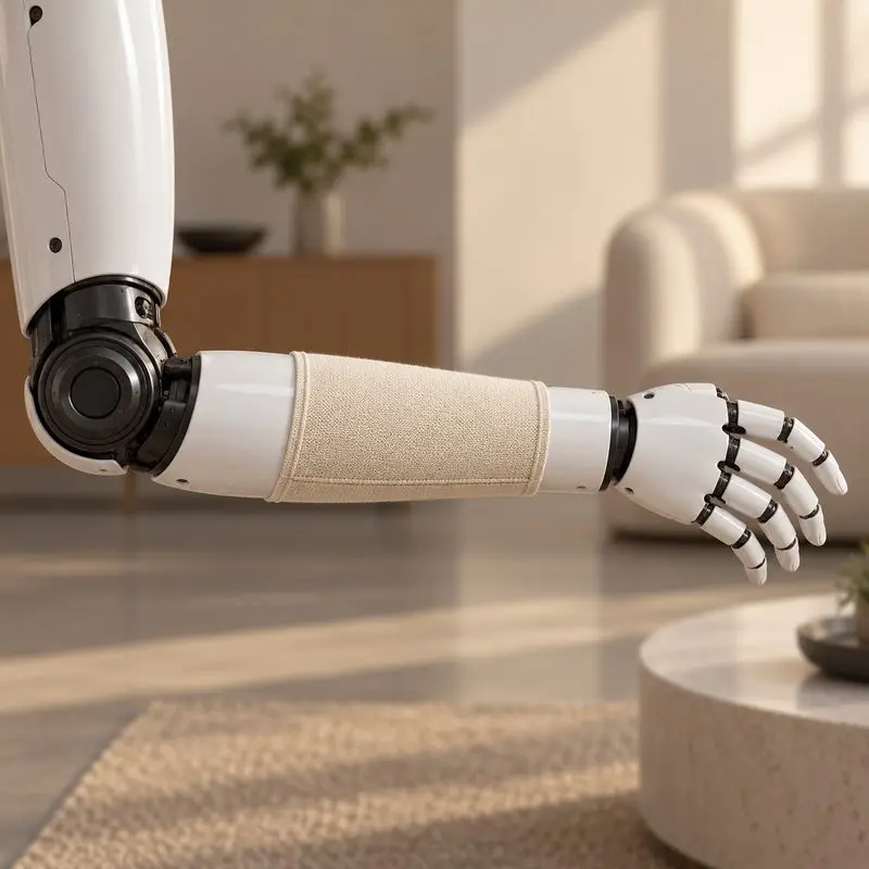 Concept close-up of a removable knitted cover on a humanoid robot forearm