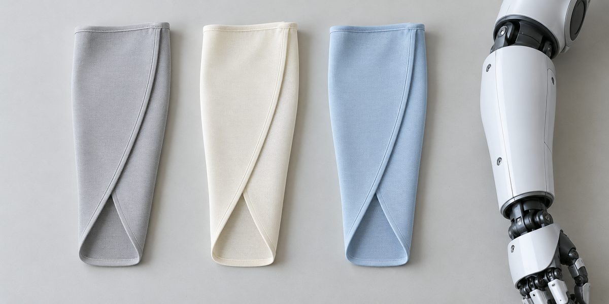Concept comparison of three thin fine-gauge forearm wraps using the same pattern and closure layout