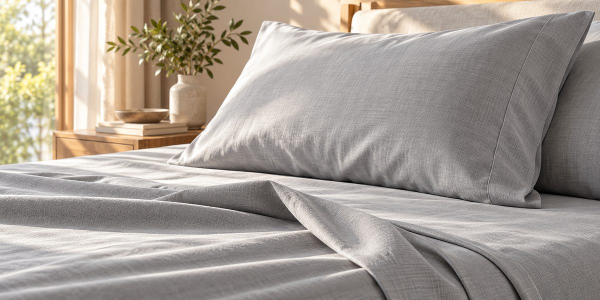Illustrative gray woven pillowcase and sheet in a sunlit bedroom