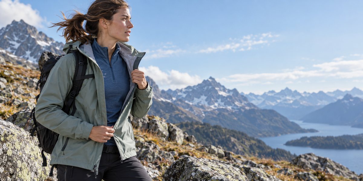 Hiker opening a shell at an alpine rest stop with a lightweight midlayer visible