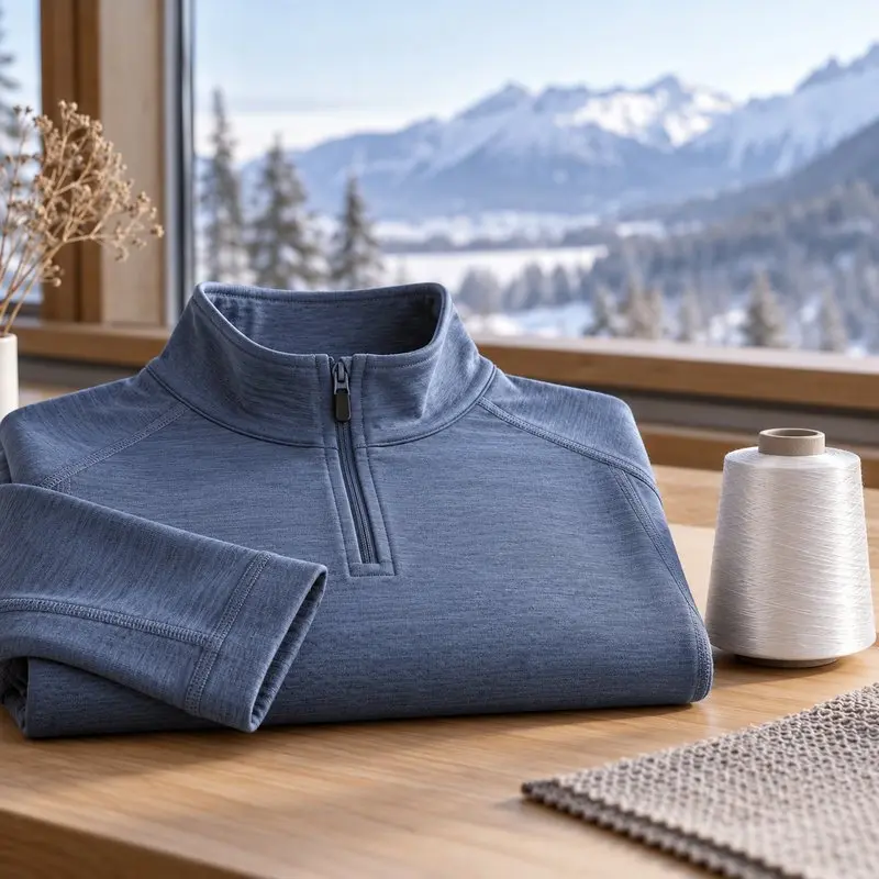 Illustrative lightweight blue technical midlayer beside fine polyester yarn