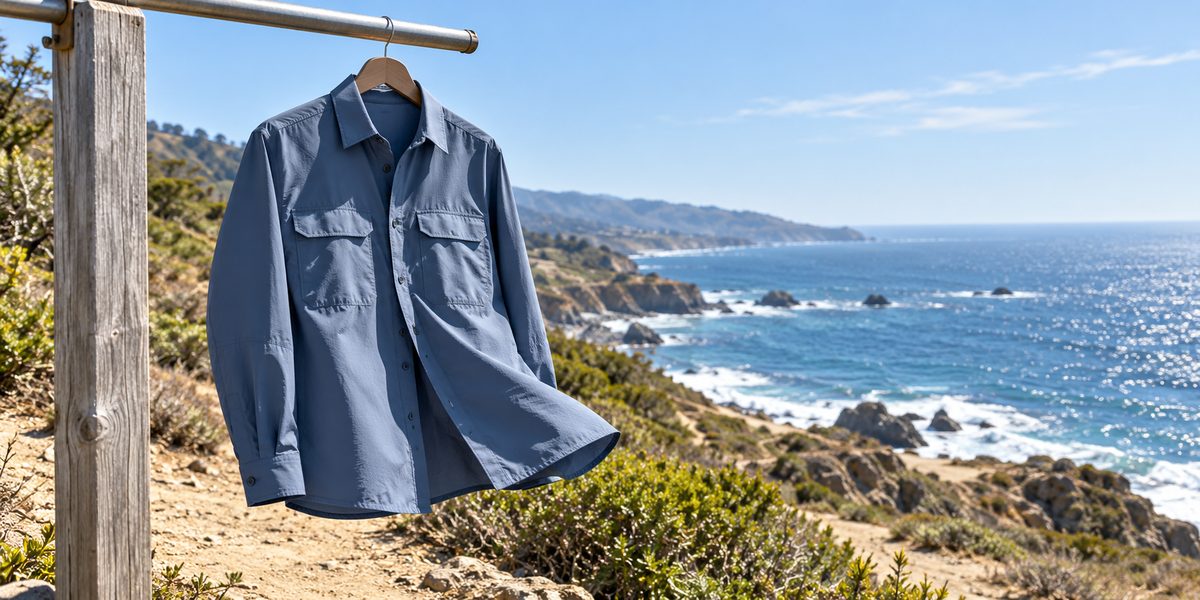 Illustrative blue woven overshirt exposed to coastal sunlight