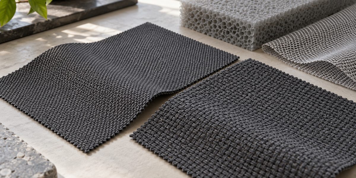 Illustrative graphite woven textile swatches beside breathable backing and seat foam