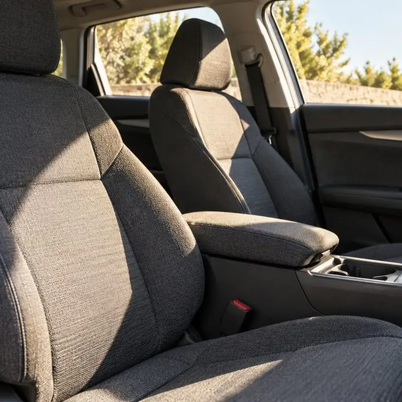 Sunlit gray woven textile front seat in a car