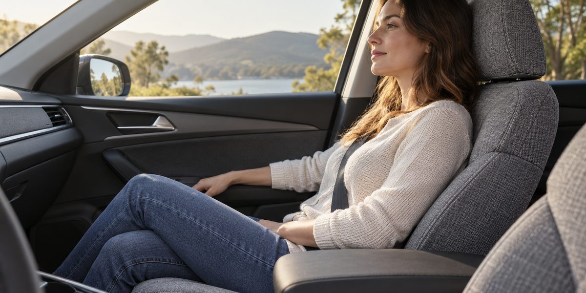 Illustrative passenger seated on gray woven textile car upholstery