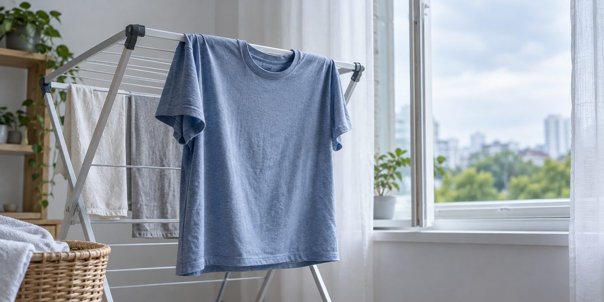 Illustrative lightweight lounge top drying on an indoor rack after home washing
