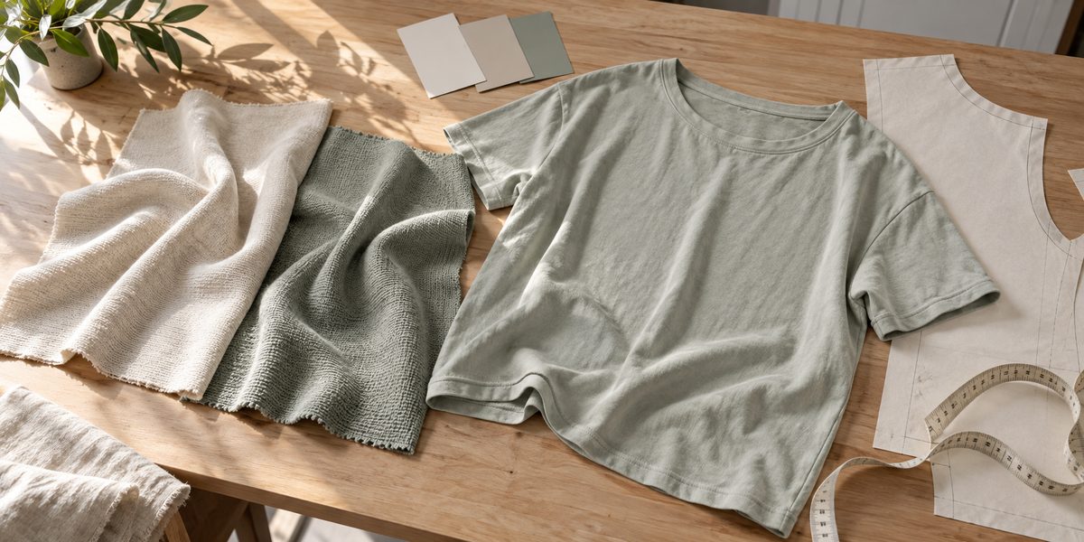 Illustrative lounge-top development layout with two knit swatches and a relaxed top